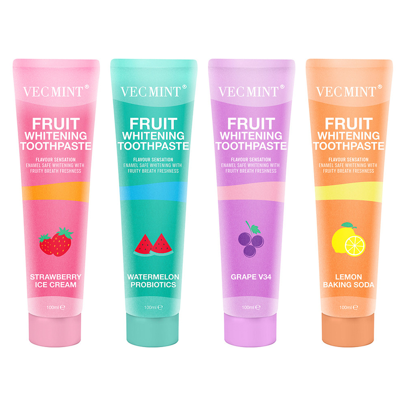 Vecmint 100ml Frutas - Conjunto de pasta de dente de clareamento com sabor - 4 sabores deliciosos, esmalte - Branqueamento seguro e frescura frutífera