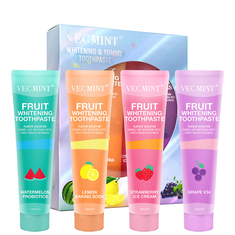 Vecmint 100ml Frutas - Conjunto de pasta de dente de clareamento com sabor - 4 sabores deliciosos, esmalte - Branqueamento seguro e frescura frutífera