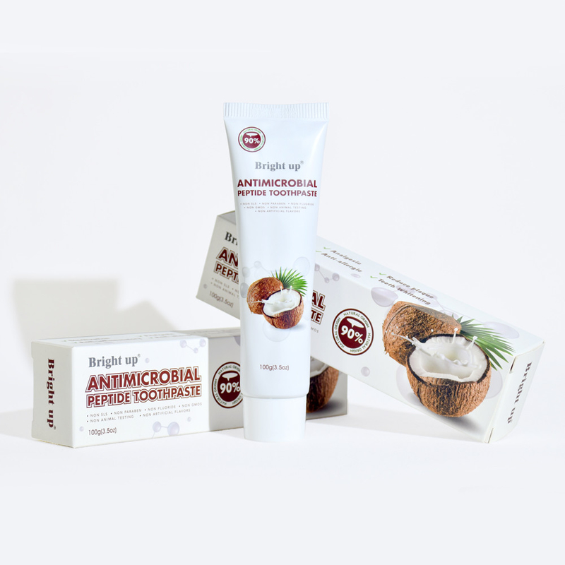 Alta Qualidade Brilhante Antimicrobiana Péptida Creme Dentário, 100g (3,5oz) Por tubo óleo de coco por atacado