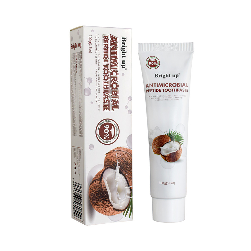 Alta Qualidade Brilhante Antimicrobiana Péptida Creme Dentário, 100g (3,5oz) Por tubo óleo de coco por atacado