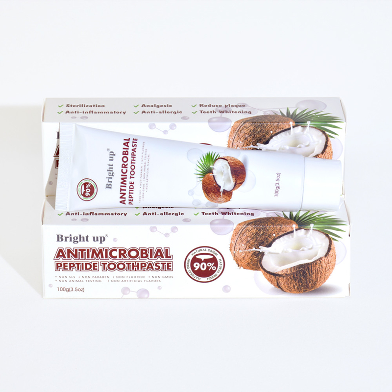 Alta Qualidade Brilhante Antimicrobiana Péptida Creme Dentário, 100g (3,5oz) Por tubo óleo de coco por atacado