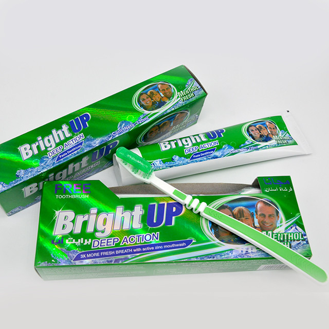 Brilhante acima do dentífrico oral de refrescamento do cuidado do sabor da hortelã genérico com escova de dentes livre